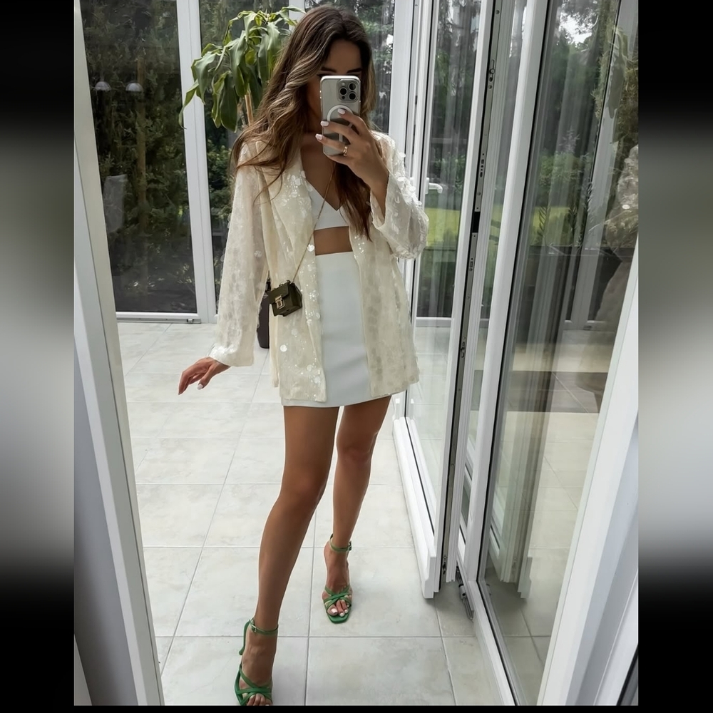 ZARA SEQUIN OPEN FRONT BLAZER Size S Cream - Picture 13 of 16